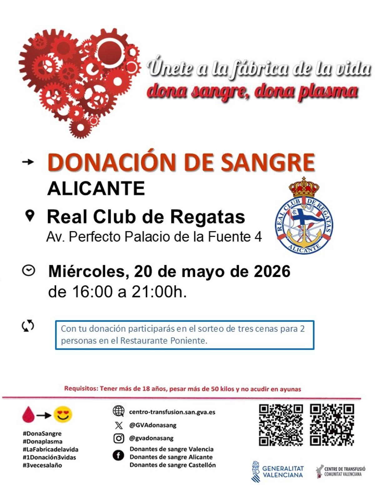 Cartel de la jornada para donar sangre en el Real Club de Regatas Alicante