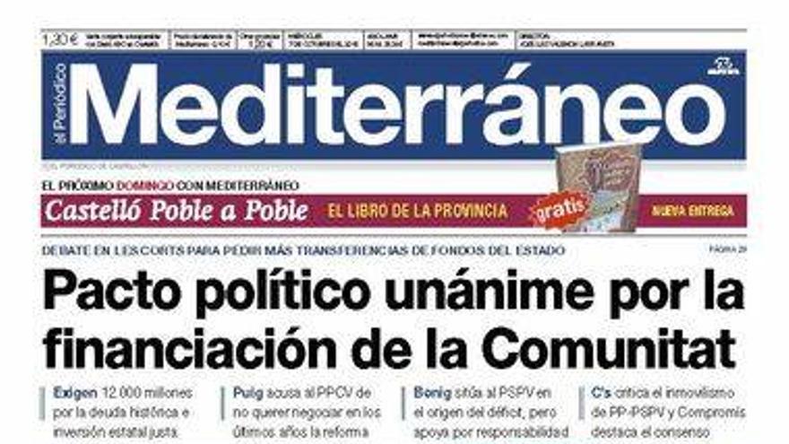 &#039;Pacto político unánime por la financiación de la Comunitat&#039;, en la portada de El Periódico Mediterráneo