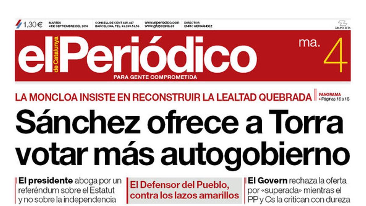 La portada de EL PERIÓDICO DE CATALUNYA del martes, 4 de septiembre del 2018