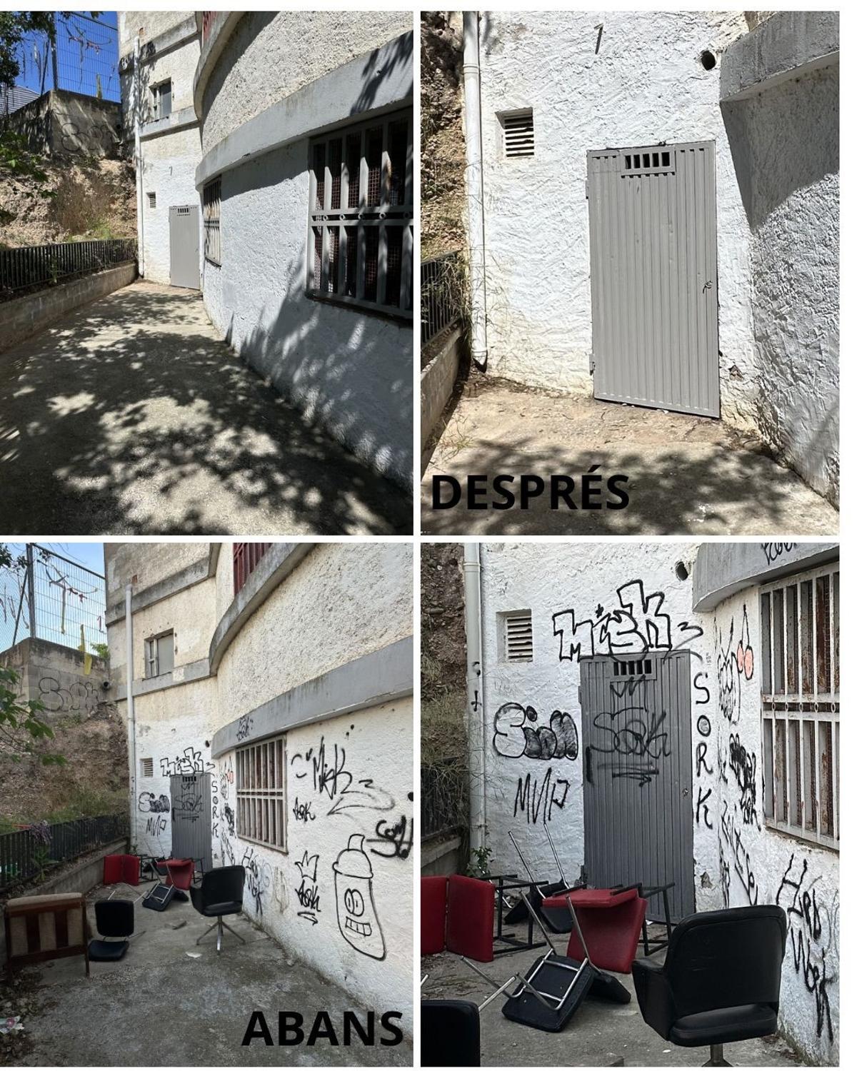 Imatges d'abans i de després de la neteja dels espais vandalitzats