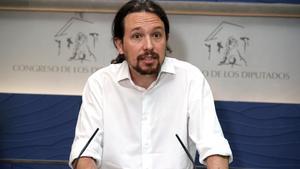 El líder de Podemos, Pablo Iglesias, durante una rueda de prensa.