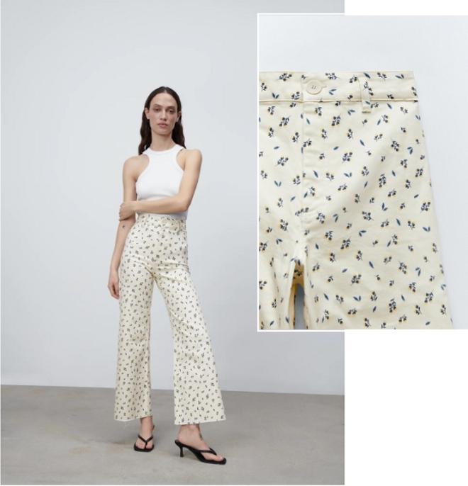 Pantalones vaqueros anchos en color crudo con estampado de flores, de Zara