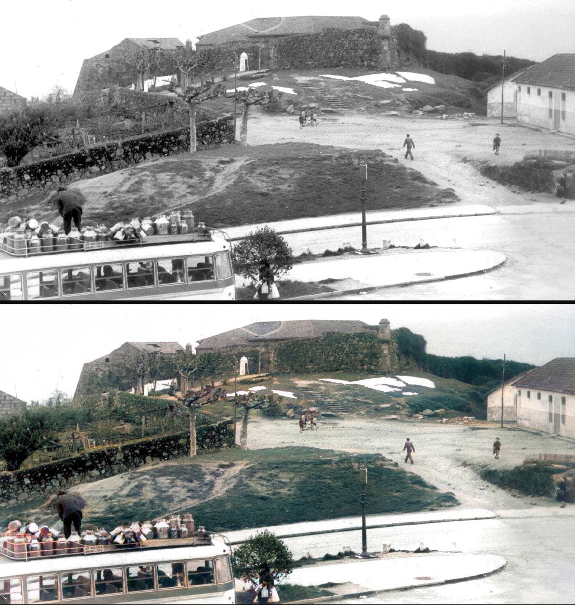 Panorámica del lugar donde se construiría el edificio consistarial de Vigo, con las murallas de San Sebastián aún levantadas, en blanco y negro, y coloreada.