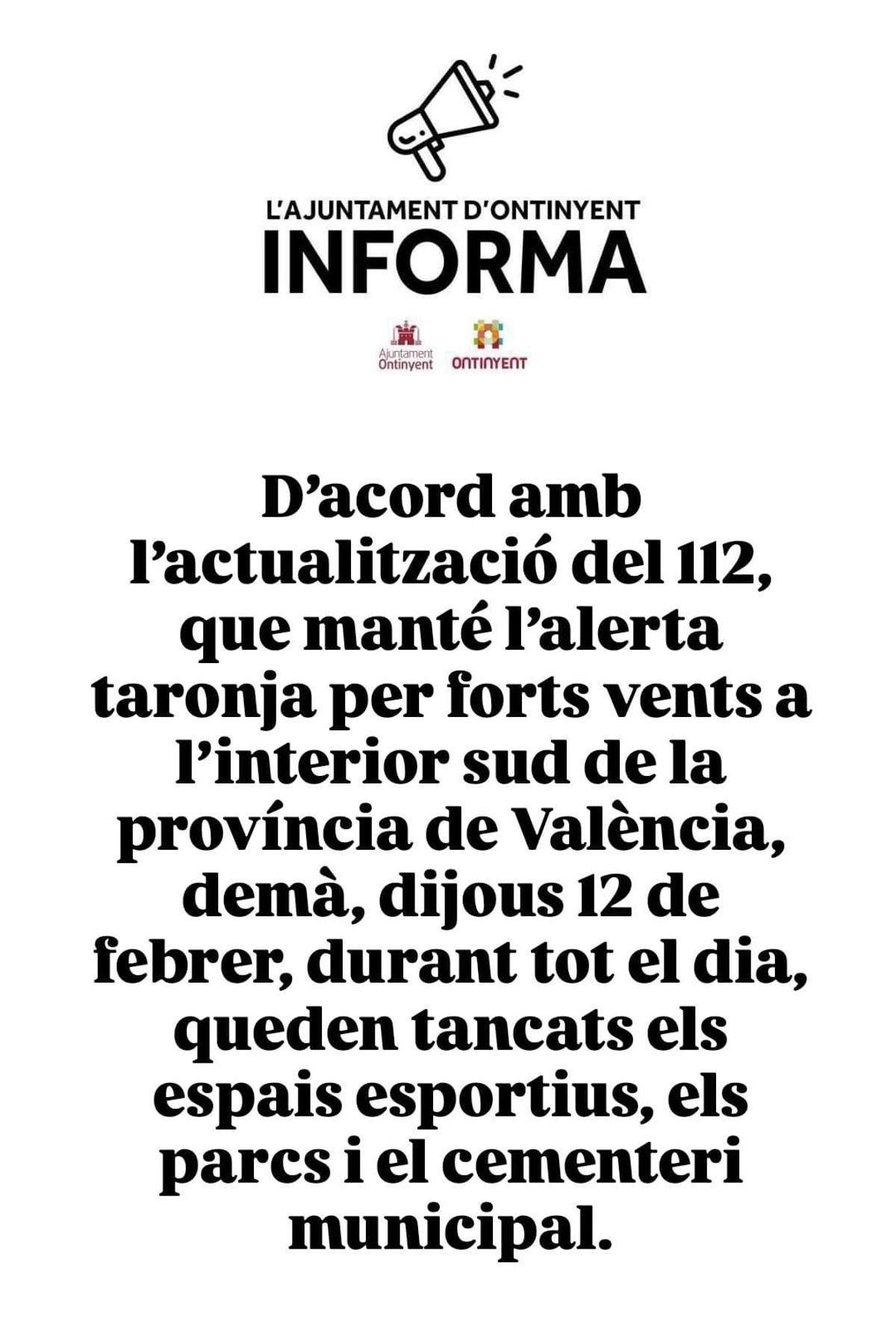 Aviso por le cierre de parques y espacios públicos decretado en Ontinyent.