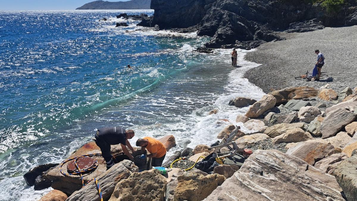 Els treballs a la platja de la Gola de Llançà.
