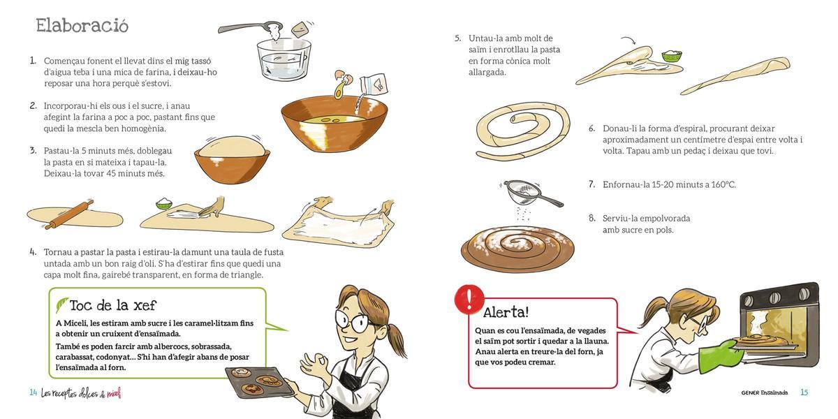 Páginas interiores del libro, con lareceta de ensaimada explicada paso a paso.