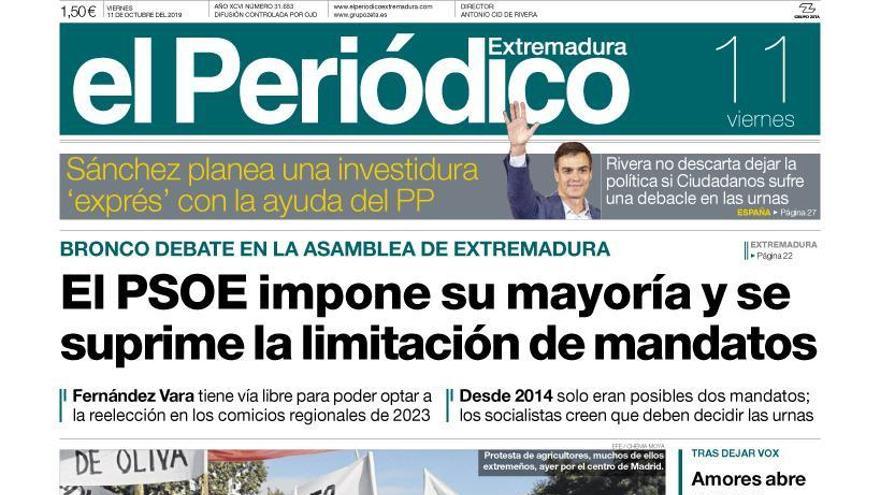 Esta es la portada de EL PERIÓDICO EXTREMADURA correspondiente al día 11 de octubre del 2019