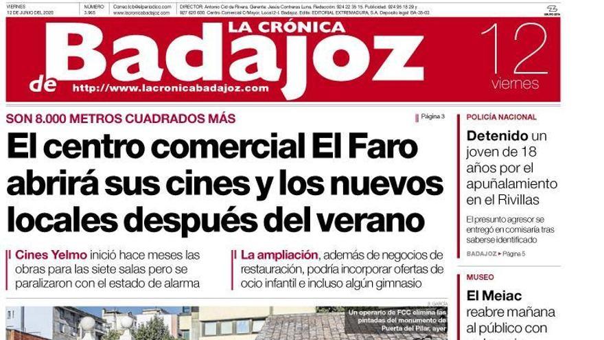 Esta es la portada de LA CRÓNICA DE BADAJOZ correspondiente al día 12 de junio del 2020