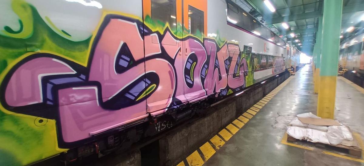 Trens grafitejats en plena apagada Trens grafitejats en plena apagada