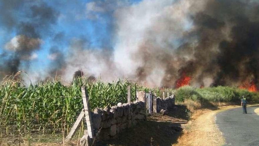 El fuego, muy próximo a las casas en O Xen, Vilamarín. // FdV