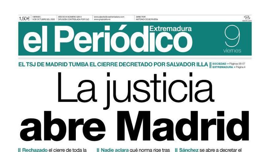 Esta es la portada de EL PERIÓDICO EXTREMADURA correspondiente al día 9 de octubre del 2020