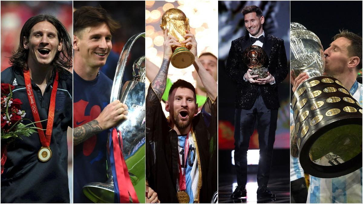 Leo Messi con la medalla de los Juegos Olímpicos, la Champions, el Mundial, el Balón de Oro y la Copa América