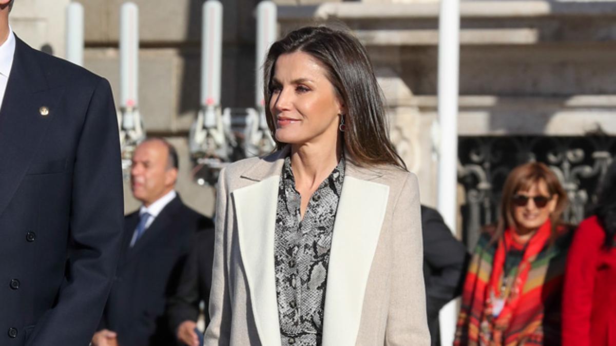 Letizia Ortiz con vestido de serpiente, abrigo de Carolina Herrera y zapatos de Lodi