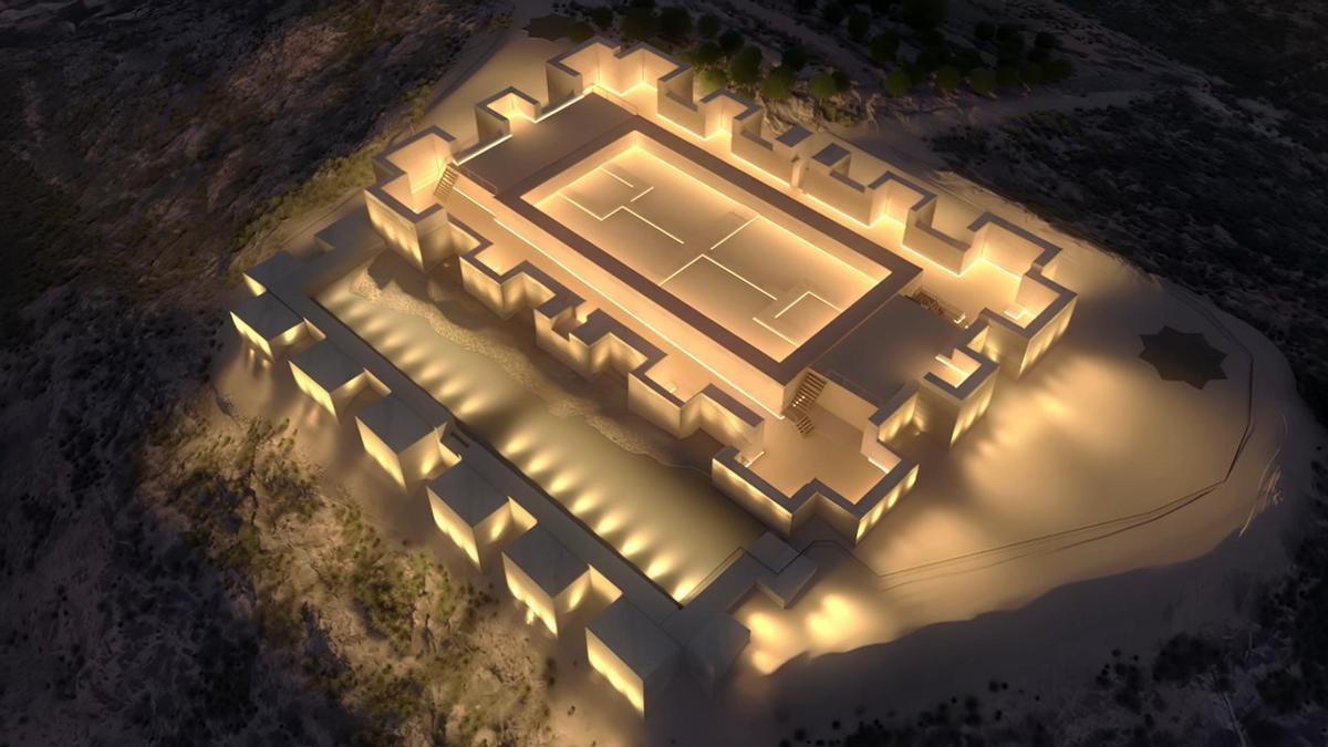 Recreación del Castillejo de Monteagudo tras los trabajos de rehabilitación y la instalación de iluminación monumental.