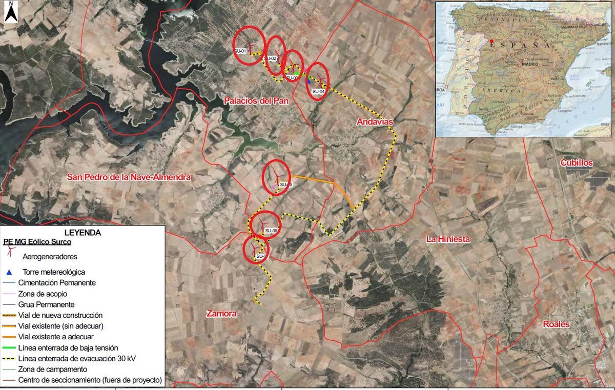 Ubicación de los aerogeneradores del parque eólico Surco