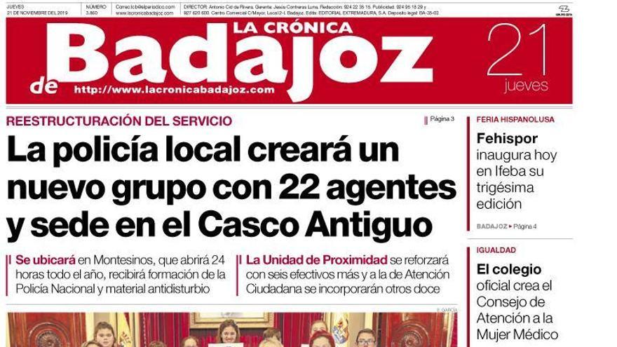 Esta es la portada de LA CRÓNICA DE BADAJOZ correspondiente al día 21 de noviembre del 2019