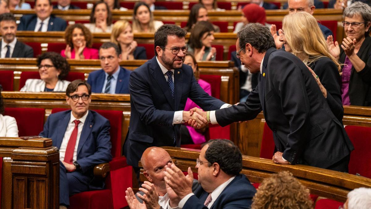 El president Pere Aragonès y el presidente del Parlament, Josep Rull, el lunes pasado.