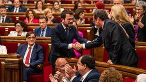 El president Pere Aragonès y el presidente del Parlament, Josep Rull, el lunes pasado.