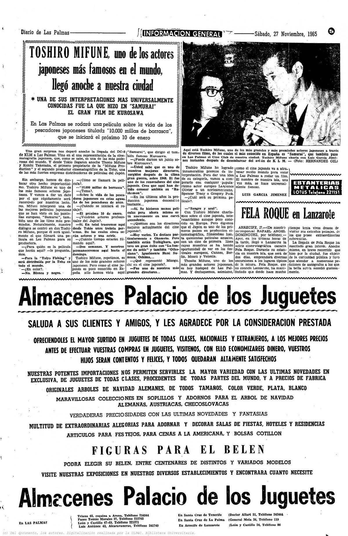 Toshiro Mifune en Gran Canaria a través del Diario de Las Palmas