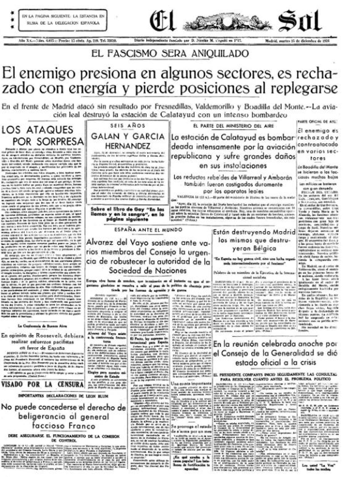 Portada del diario El Sol, de diciembre de 1936, con actualización en el subtítulo acerca de la situación en Guadarrama.