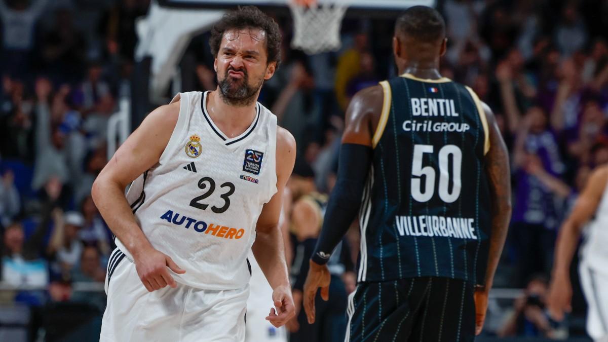 Sergio Llull celebra una canasta durante el partido de la jornada 30 de la Euroliga entre el Real Madrid y Asvel Villeurbanne