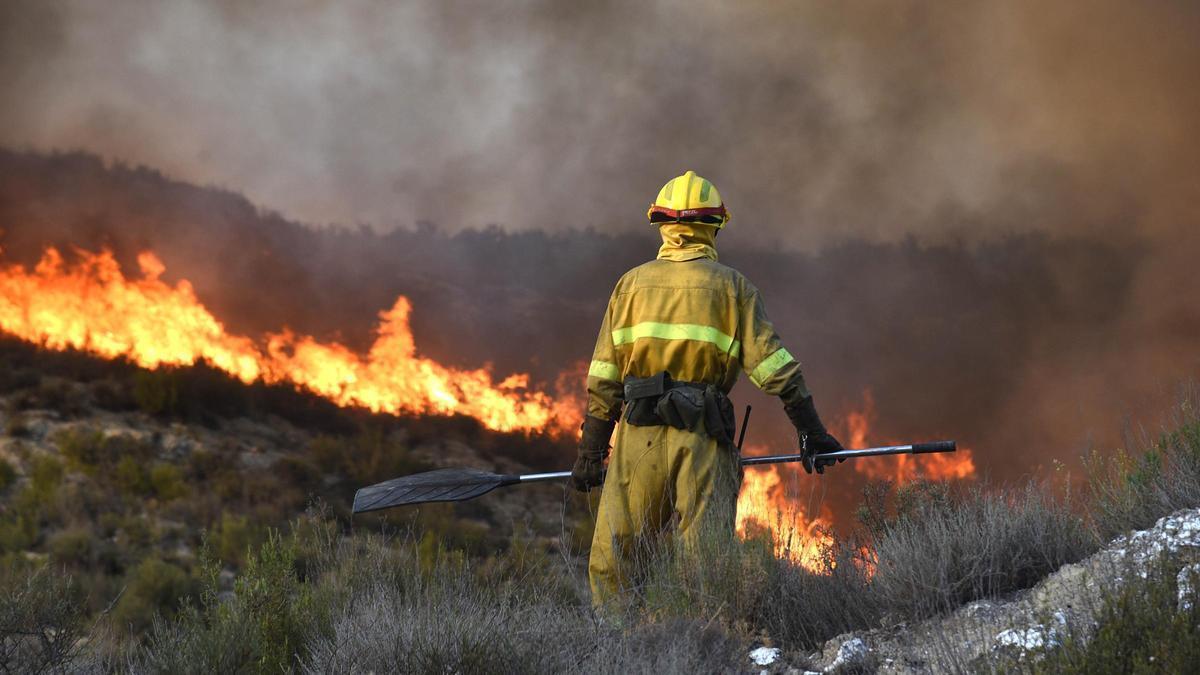 Un bombero forestal del Gobierno de Aragón trabaja en un incendio forestal en la sierra de Alcubierte, en una imagen de archivo.