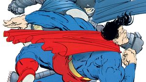 ICULT Batman y Superman pelean en un viñeta de El regreso del caballero oscuro i la firma DC COMICS