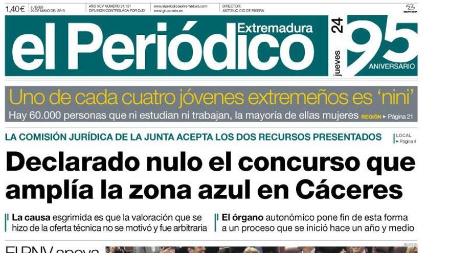 Esta es la portada de EL PERIÓDICO EXTREMADURA correspondiente al día 24 de mayo del 2018