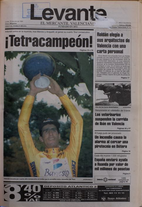 Portada del 25 de julio de 1994 para conmemorar el cuarto Tour de Francia consecutivo de Miguel Indurain.