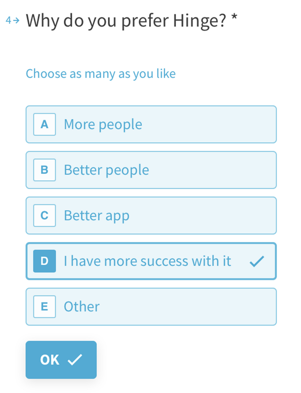 Pregunta 4 del cuestionario de Hinge