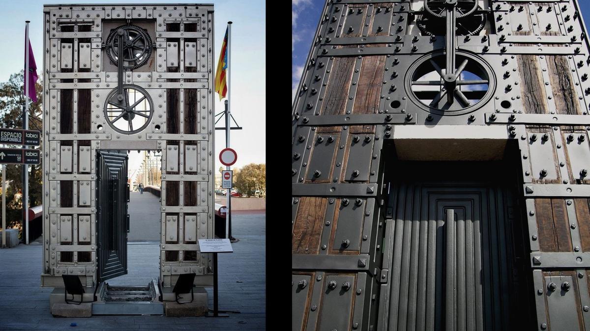 La escultura cuenta con engranajes y motores que accionan la puerta. Ferrando la ha creado con materiales ferroviarios