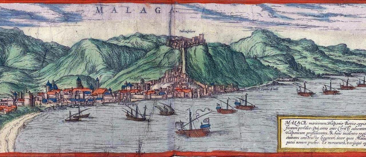 Grabado de la ciudad de Málaga hacia 1500, por J. Hoefnagel. Civitates orbisTerrarum, Colonia 1572.
