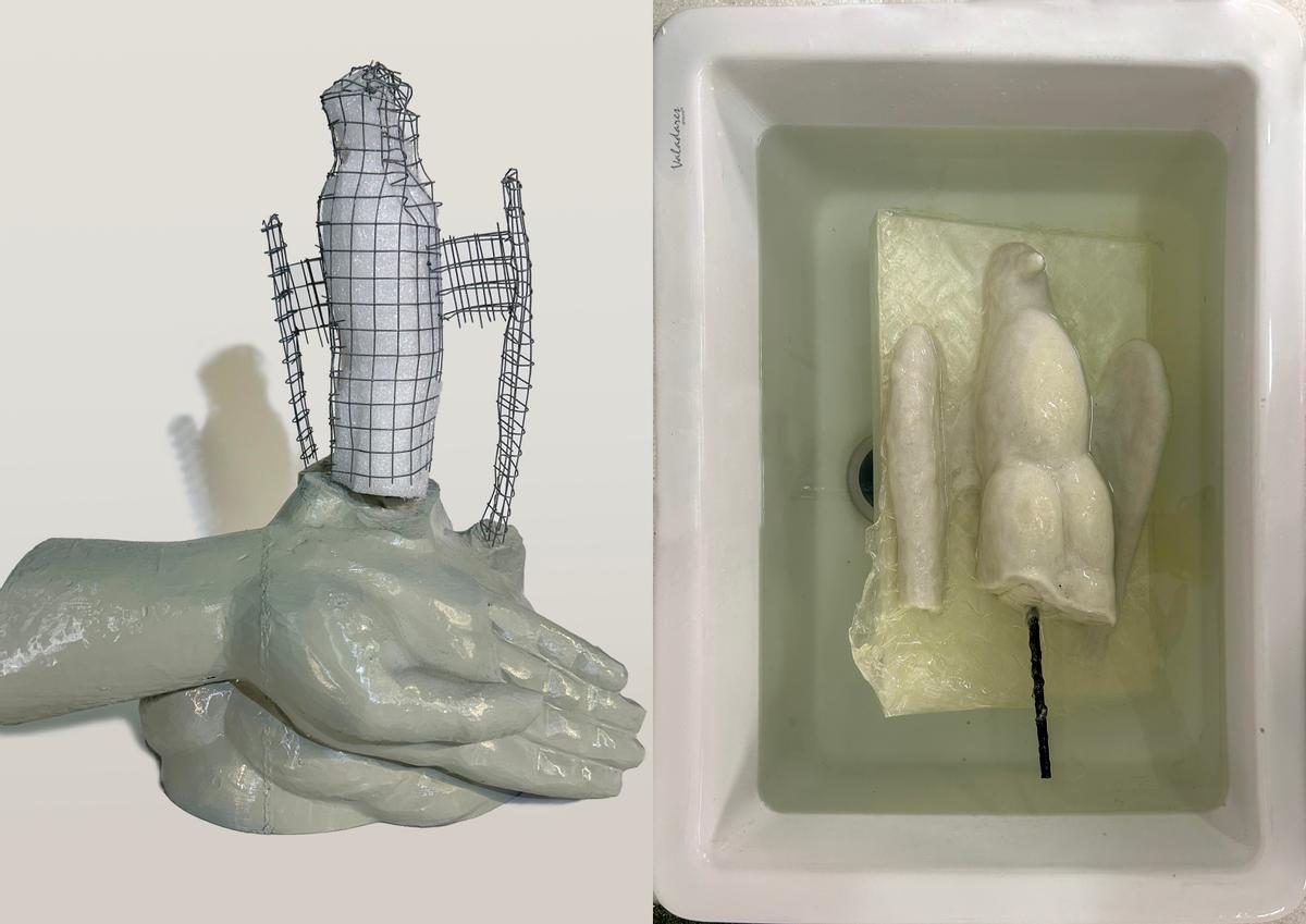 Imagen del proceso de modelado en 3D y resina para restaurar la pieza de la escultura 'La Paz'.