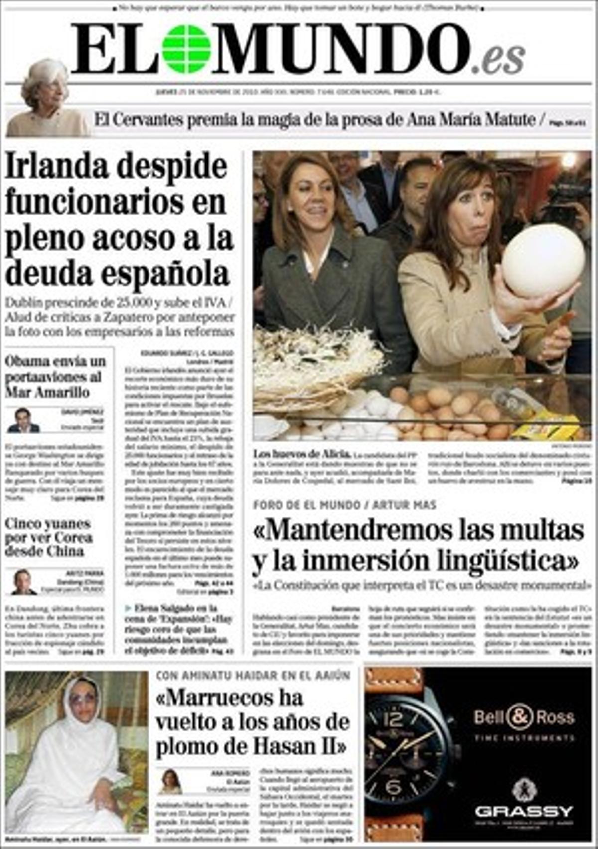 ’El Mundo’ desacredita en pàgines interiors la cita de dissabte que ve del president Zapatero amb 30 grans empreses --es veu com una operació de màrqueting-- i dóna rellevància al document ’Transforma España’ entregat per una fundació empresarial al Rei en la mesura que advoca per la unitat del mercat davant del caos autonòmic. També destaca que exigeixen a Artur Mas que aclareixi els fons opacs familiars, i que ’The New York Times’ alerta dels riscos d’una possible victòria del candidat de CiU. 