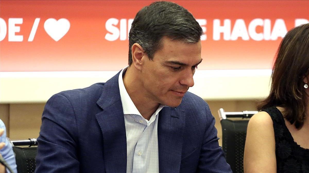 Pedro Sánchez en un acto del PSOE en su sede en Ferraz