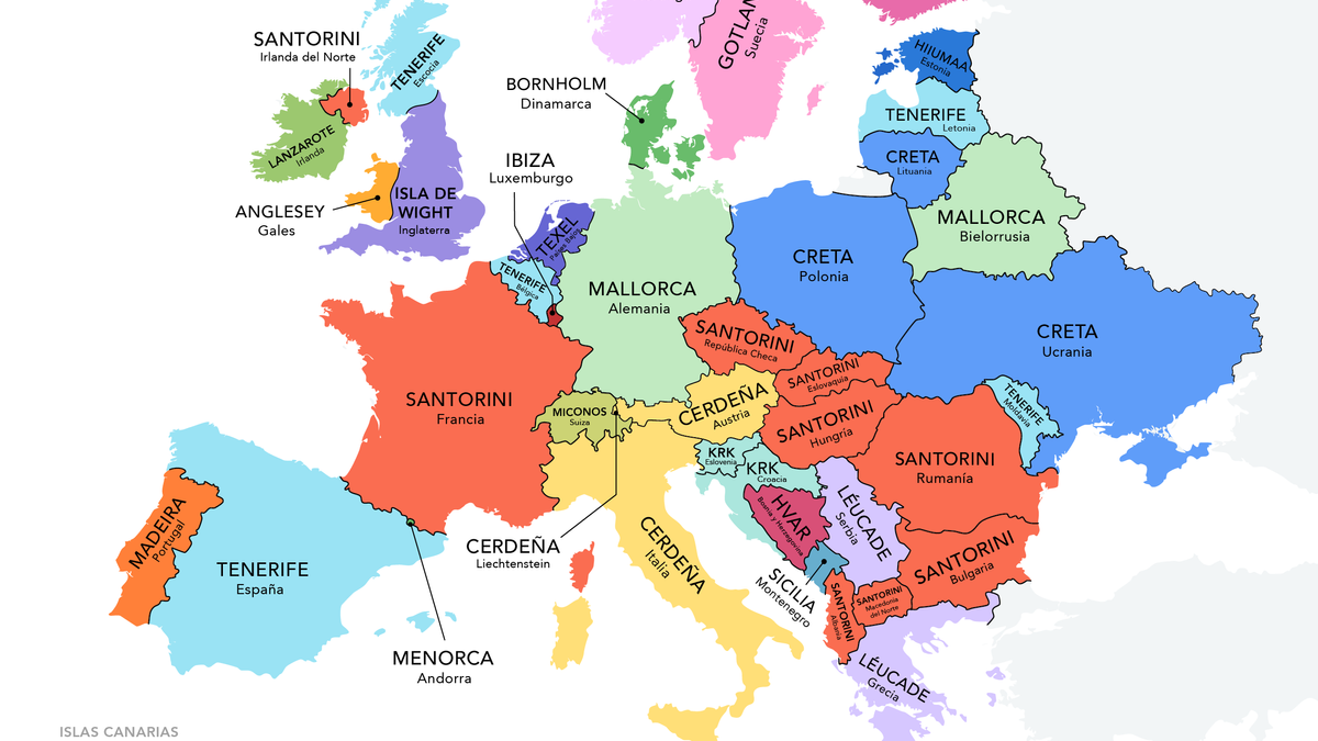 Este mapa muestra las islas favoritas de los países de Europa