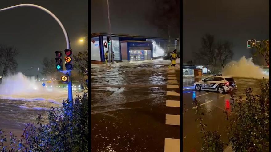 Espectaculares imágenes tras la rotura de una tubería en Barajas que ha cortado el acceso a la T4