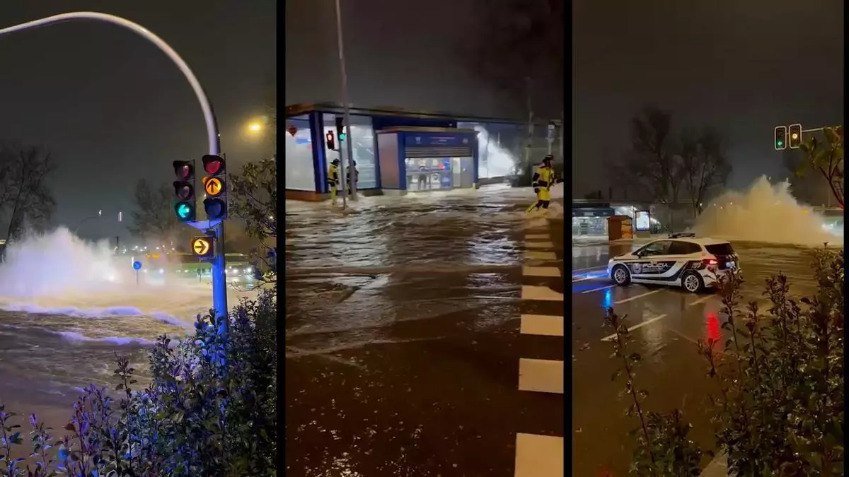 Espectaculares imágenes tras la rotura de una tubería en Barajas que ha cortado el acceso a la T4