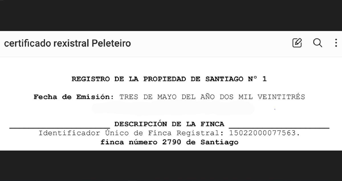 Imaxe do certificado do rexistral de Peleteiro