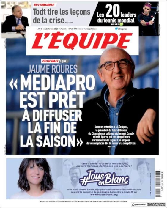 Portada L'ÉQUIPE jueves 9 abril 2020