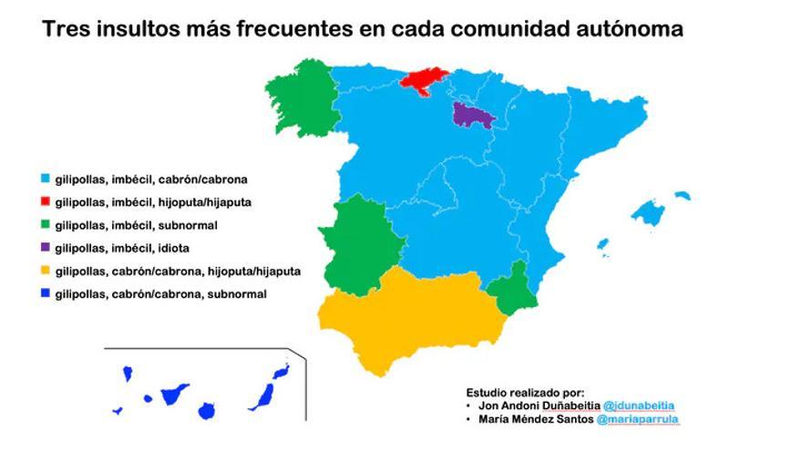 Mapa de los insultos más frecuentes en cada comunidad autónoma.