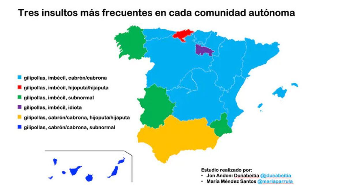 Mapa de los insultos más frecuentes en cada comunidad autónoma.