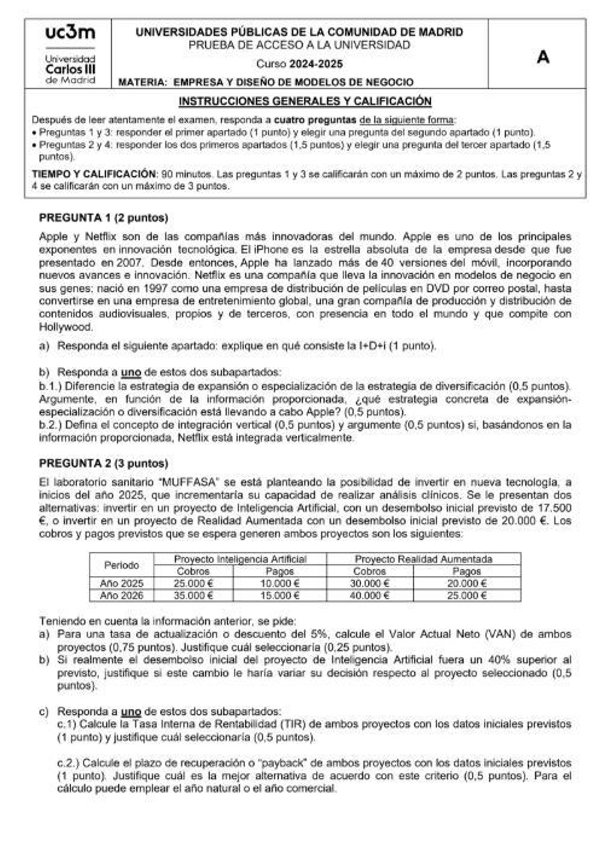 Examen de la PAU de la asignatura Empresa y Diseño de Modelos de Negocio, en Madrid