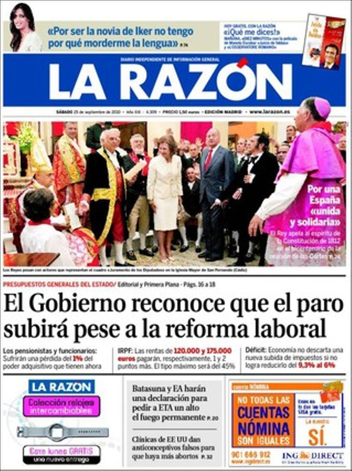 Portada de La Razón del 25 de setembre del 2010.