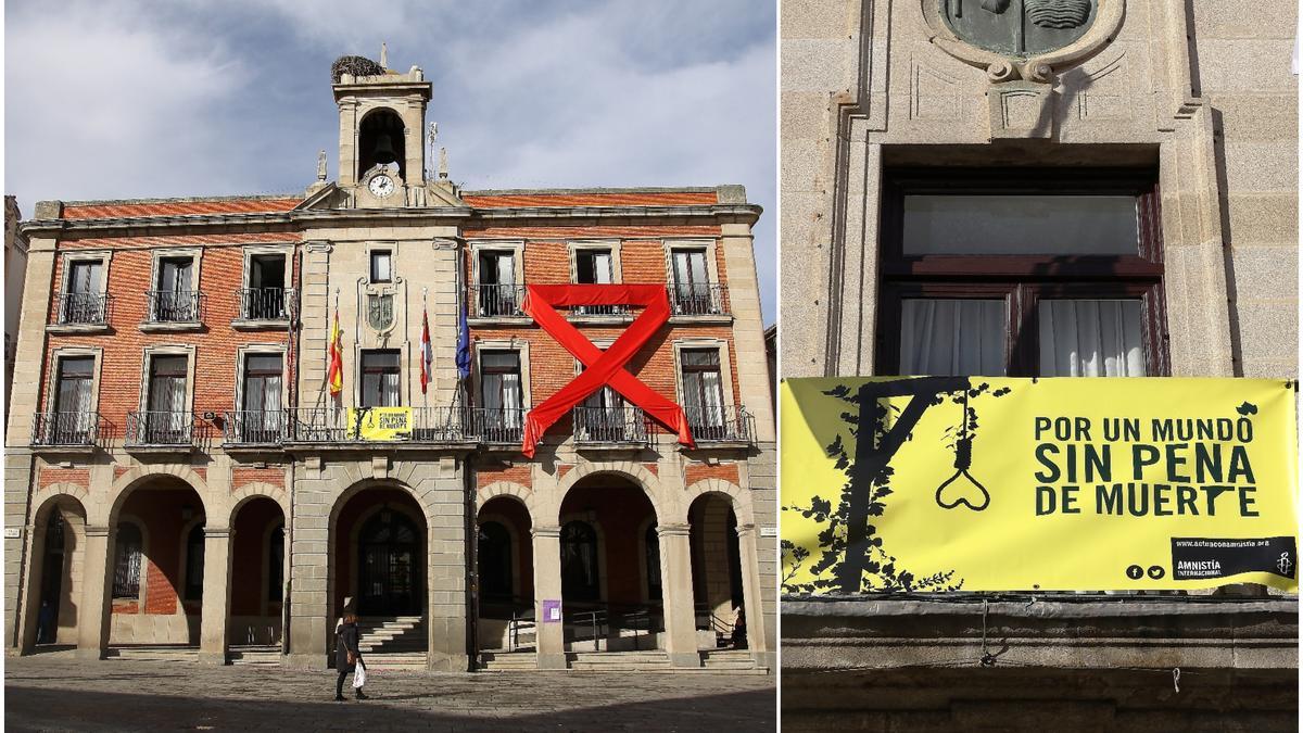 Fachada del Ayuntamiento de Zamora con el lazo rojo del Sida y la pancarta contra la pena de muerte.