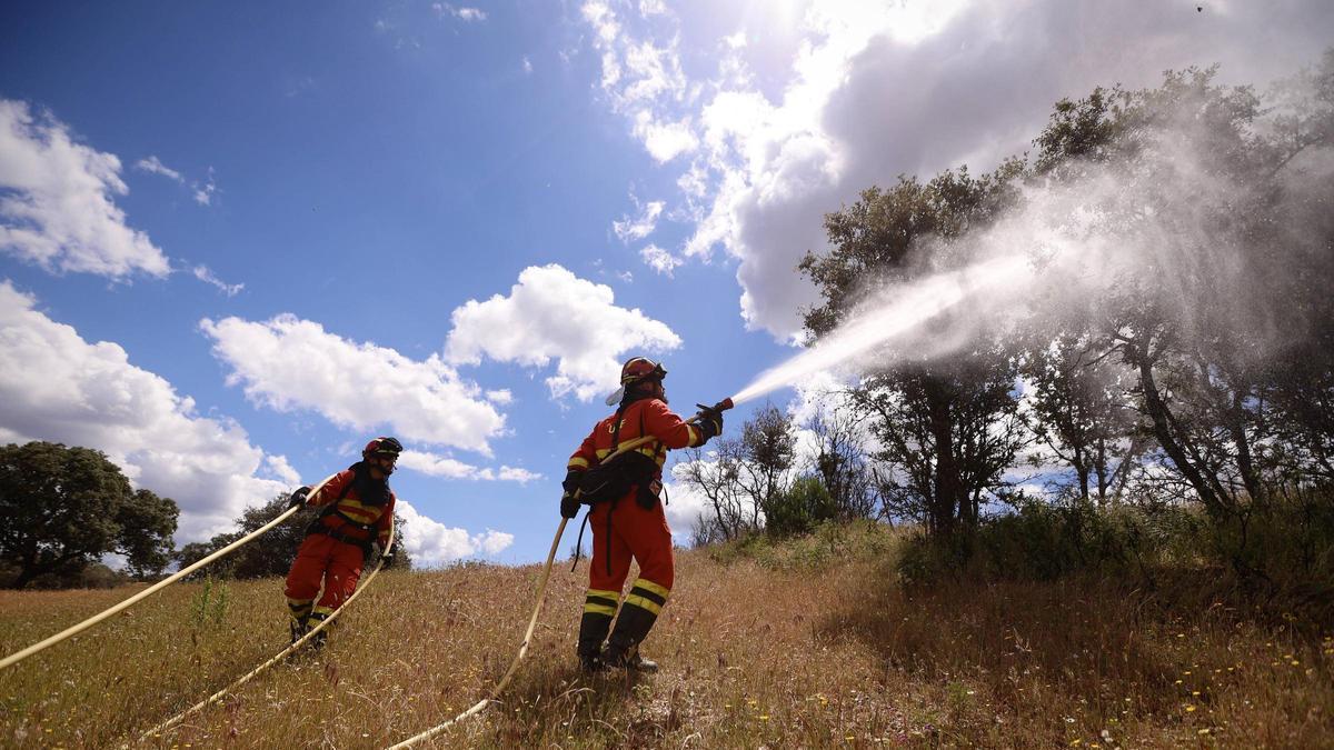 Dos soldados de la UME realizan parte del ejercicio de preparación para la lucha contra los incendios.