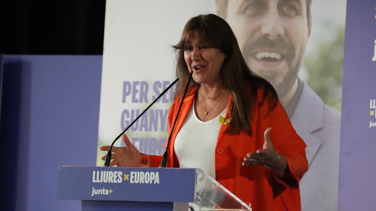 La presidenta de Junts, Laura Borràs, en un acte de campanya a Elna