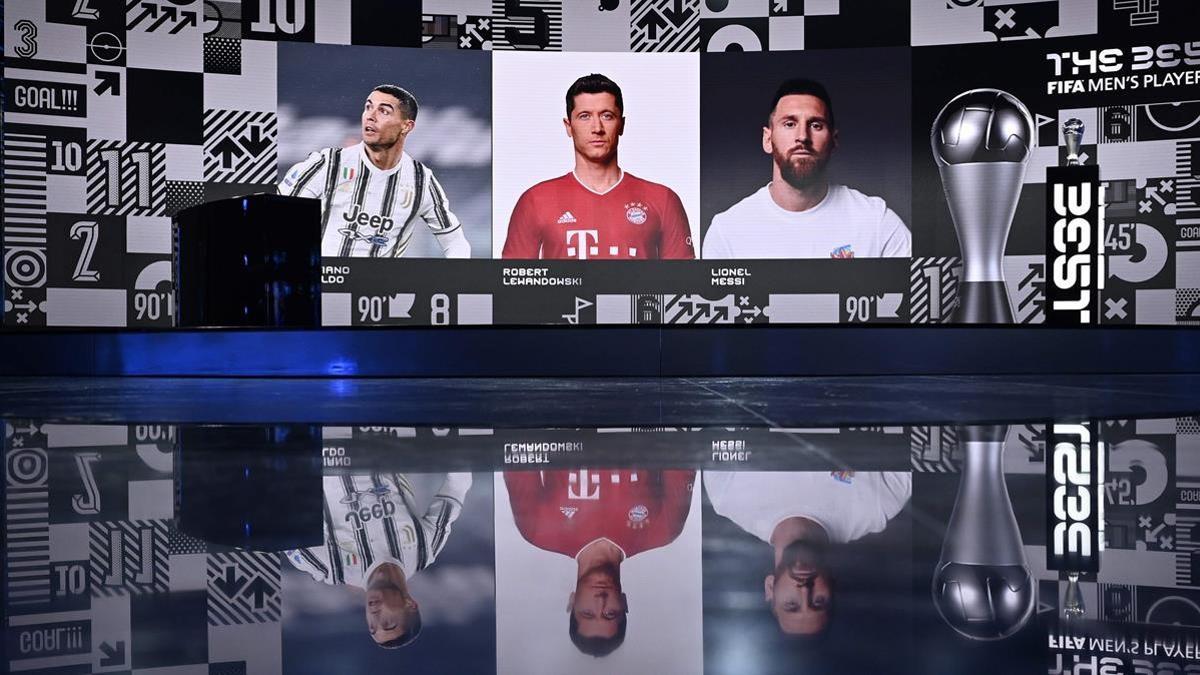 Portraits of final nominees for The Best FIFA Men s player award (From L) Juventus  Portuguese forward Cristiano Ronaldo  Bayern Munchen s Polish forward Robert Lewandowski and Barcelona s Argentine forward Lionel Messi appear on a screen ahead of The Best FIFA Football Awards 2020 ceremony  at the FIFA headquarters in Zurich  on December 17  2020  (Photo by VALERIANO DI DOMENICO   POOL   AFP)