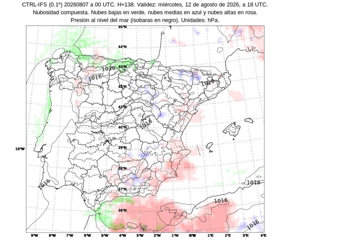 Mapa con la predicción de nubosidad el 12 de agosto de 2026. Las nubes bajas están en verde, las altas en rosa y las medias en azul.