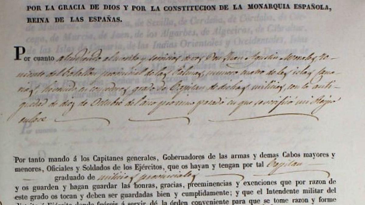 Documento del nombramiento de Capitán de Milicias Provinciales de Juan Agustín Morales Guedes.